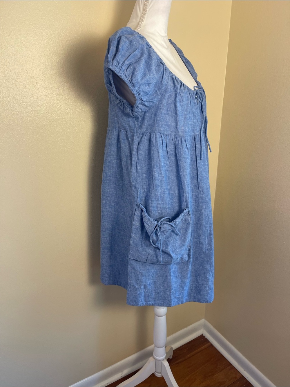 Lucky Brand Blue Casual Mini Dress Hemp Cotton Coastal Puff Sleeves Summer L NWT - Picture 3 of 14